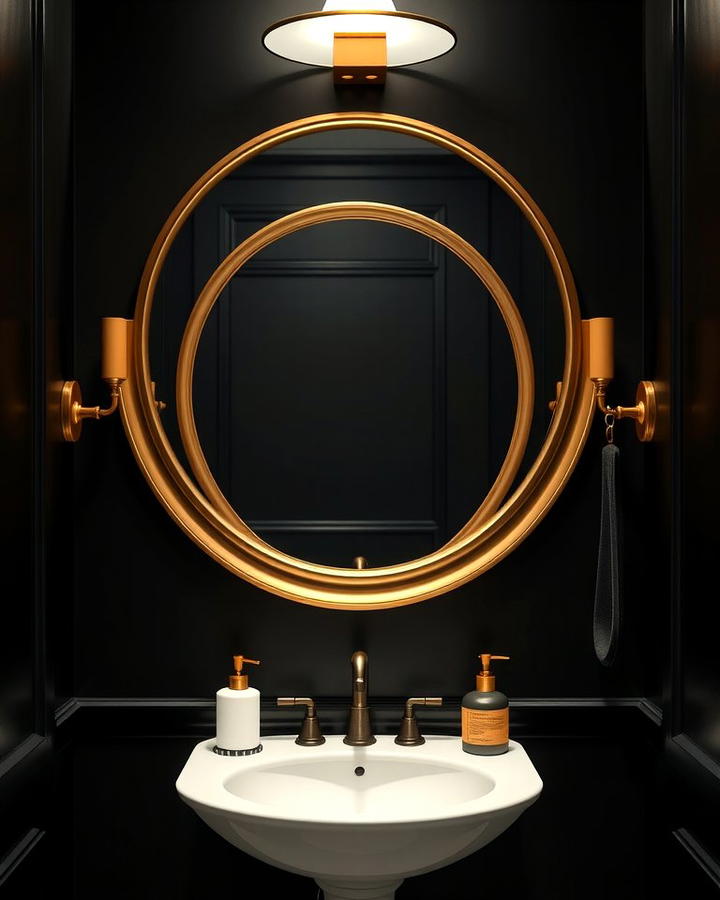 Gold Framed Round Mirror on Black Walls