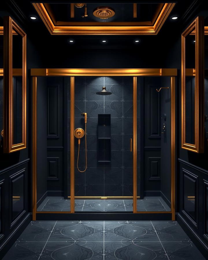 Gold Framed Shower with Black Walls