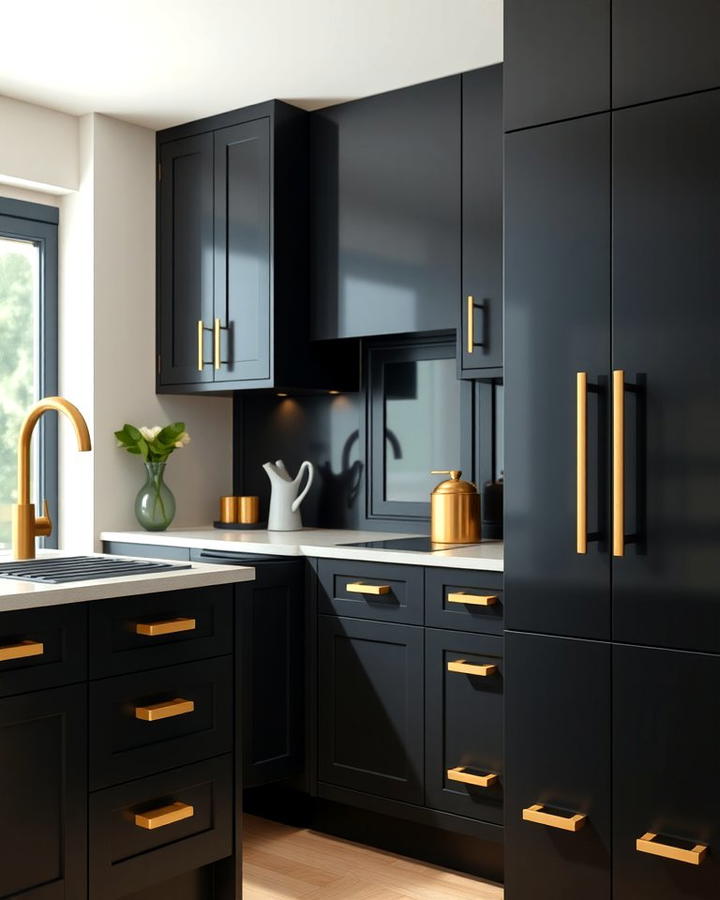 Gold Hardware on Black Cabinets for Subtle Elegance