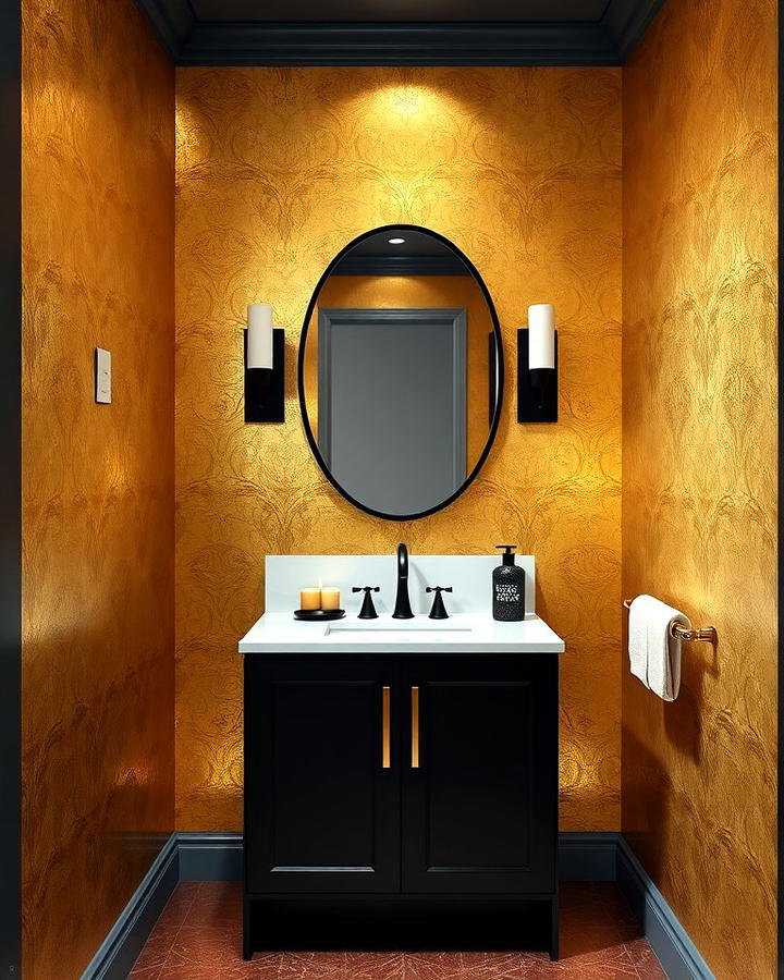 Gold Leaf Wallpaper with Black Vanity