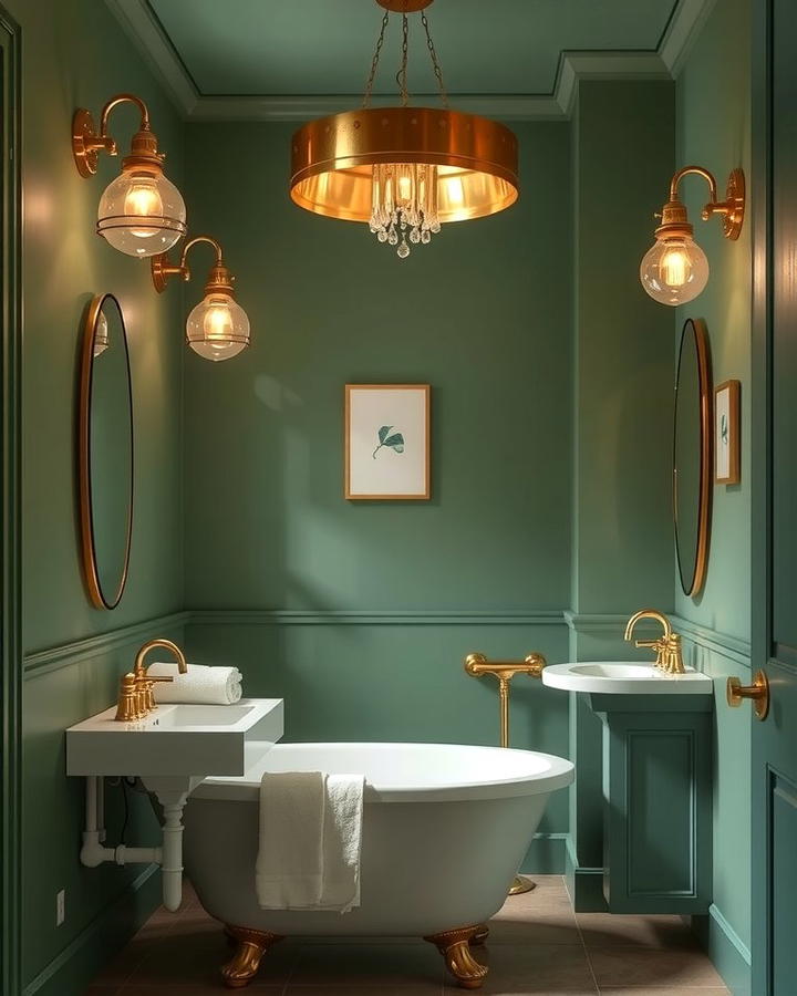 Gold Light Fixtures with Green Walls