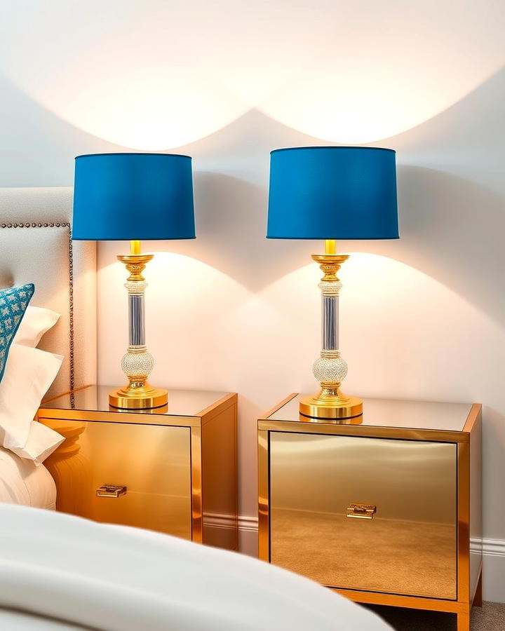 Gold Nightstands with Blue Lamps