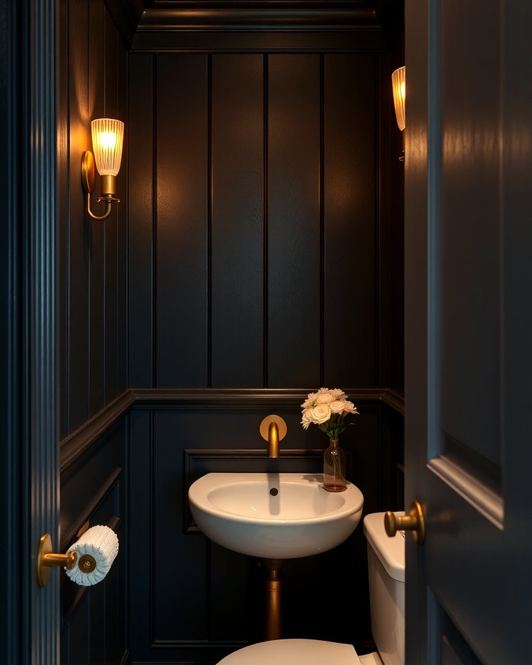 Gold Sconces on Black Paneled Walls