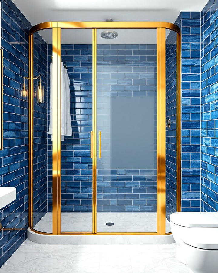 Gold Shower Enclosure with Blue Tiles