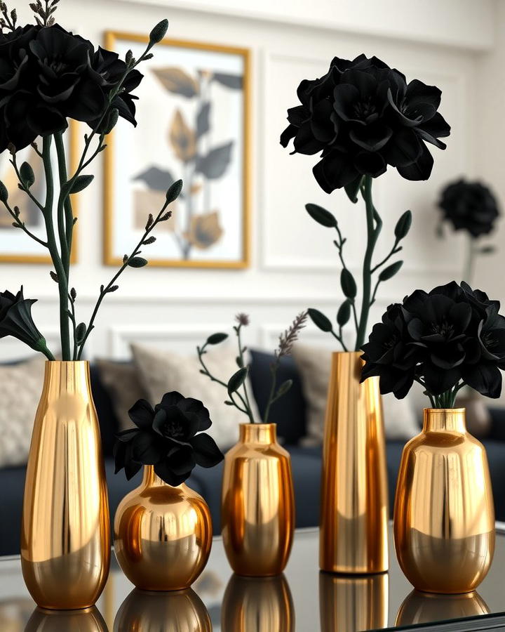 Gold Vases with Black Floral Arrangements