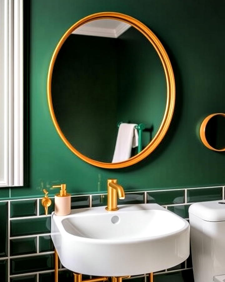 Gold framed Mirrors Against Green Backdrop Bathroom