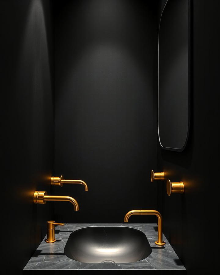 Golden Faucets on Matte Black Walls