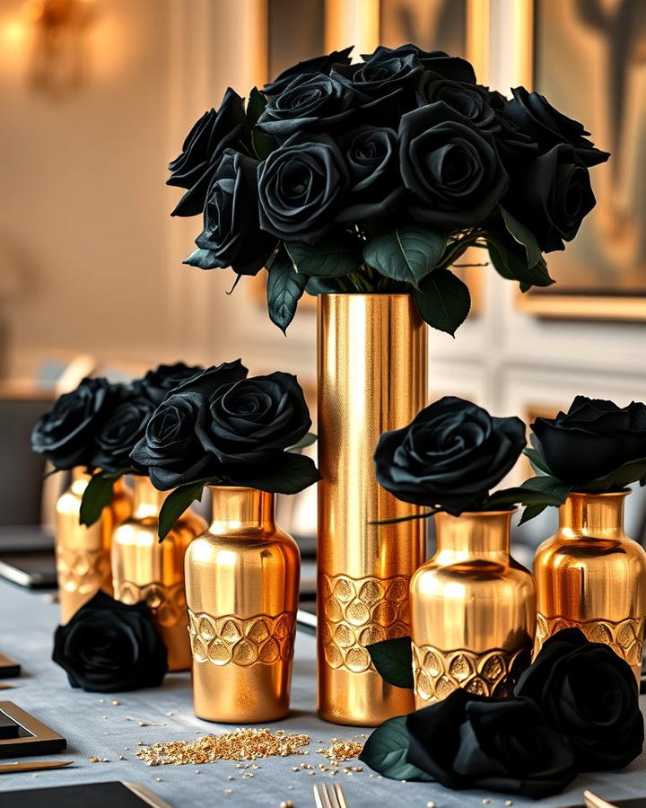 Golden Vases with Black Roses