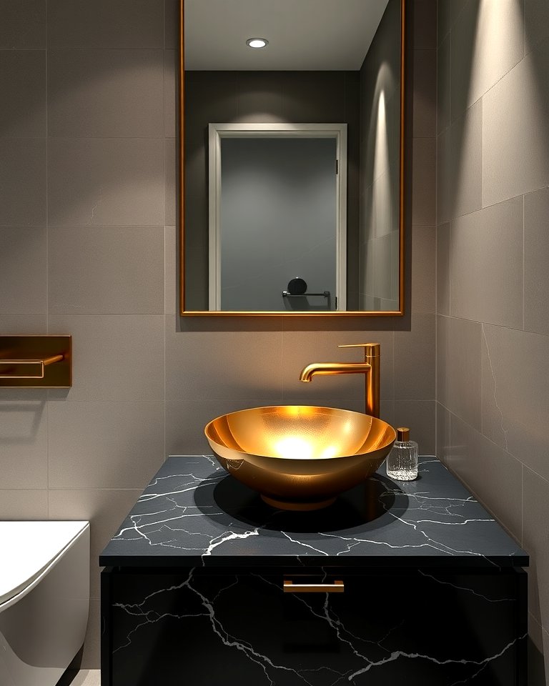 Golden Vessel Sink on Black Granite