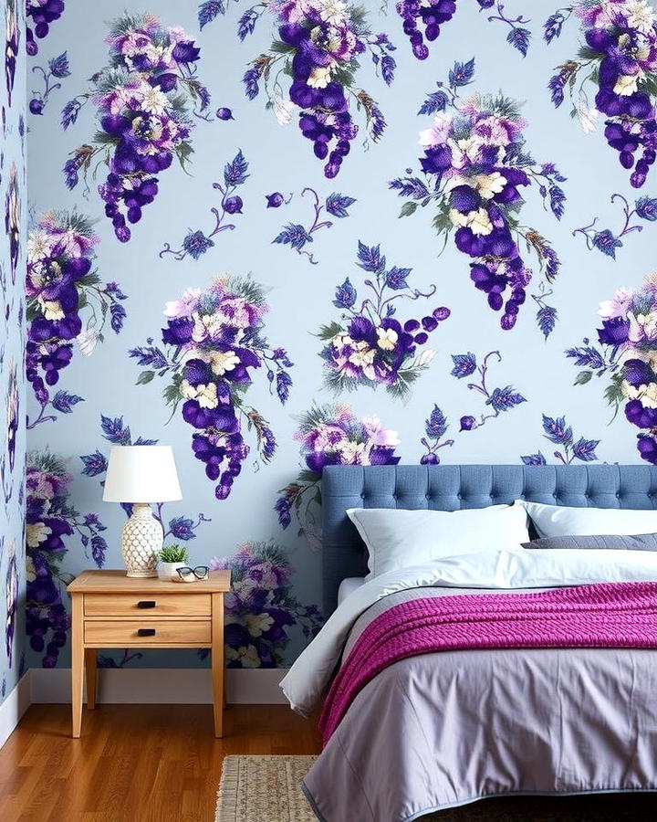 Grape and Sky Blue Floral Wallpaper