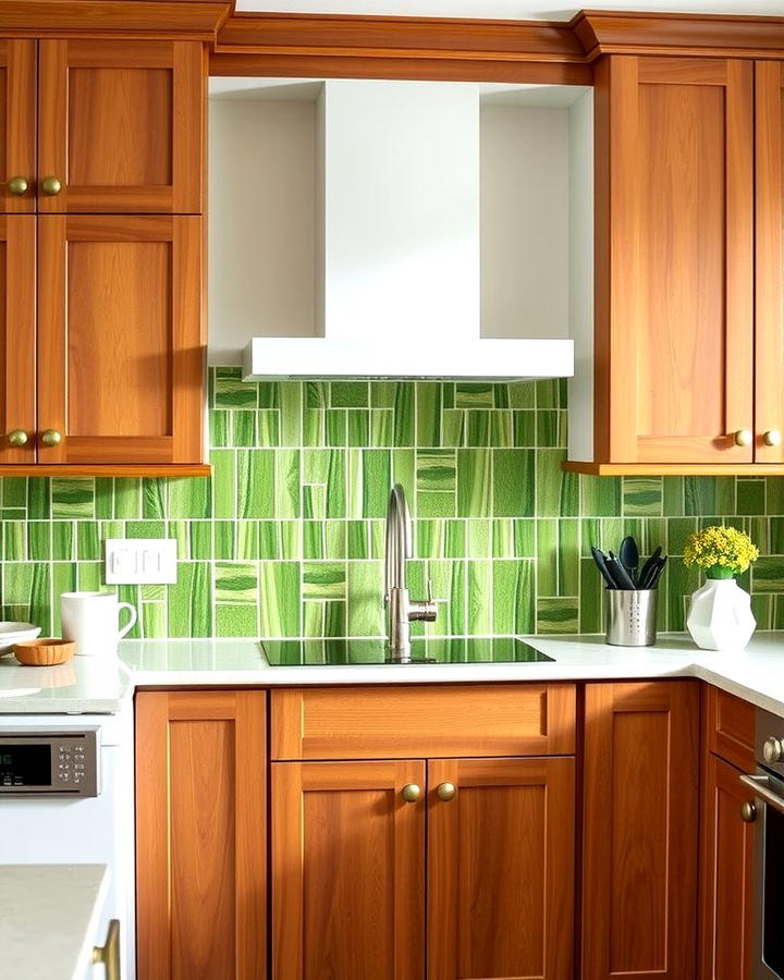 Grass Green Backsplash with Medium Brown Cabinets