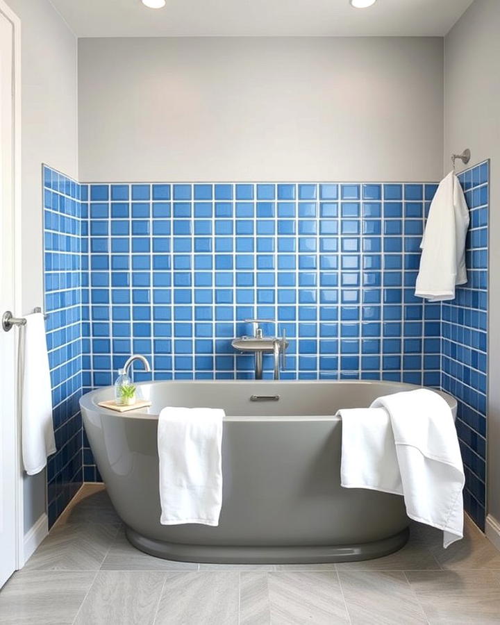 Gray Bathtub with Blue Tile Surround