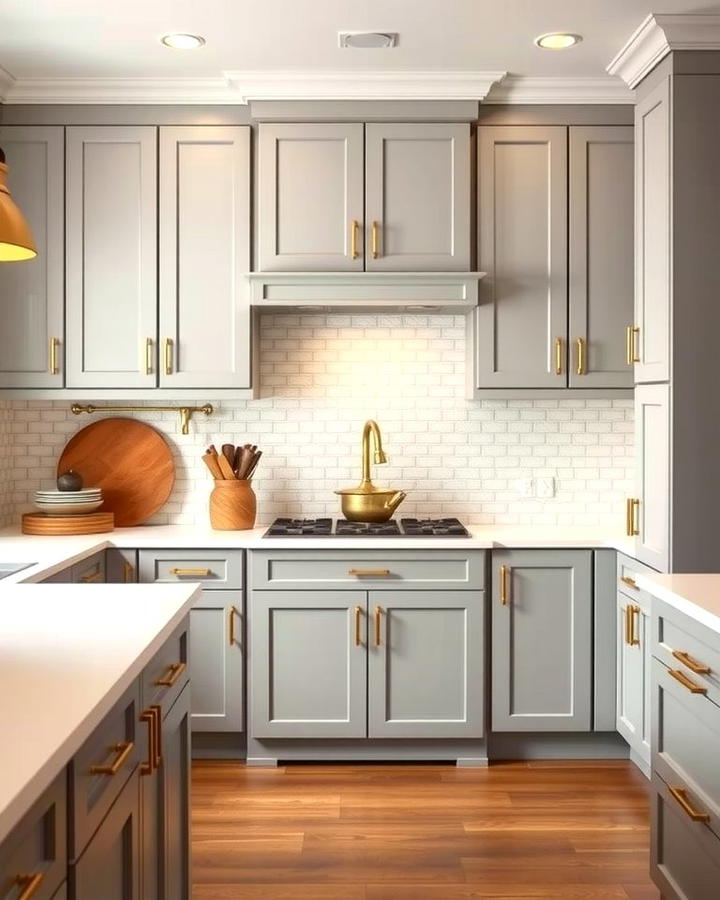 Gray Cabinets with Brass Hardware