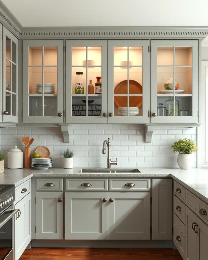 Gray Cabinets with Glass Fronts