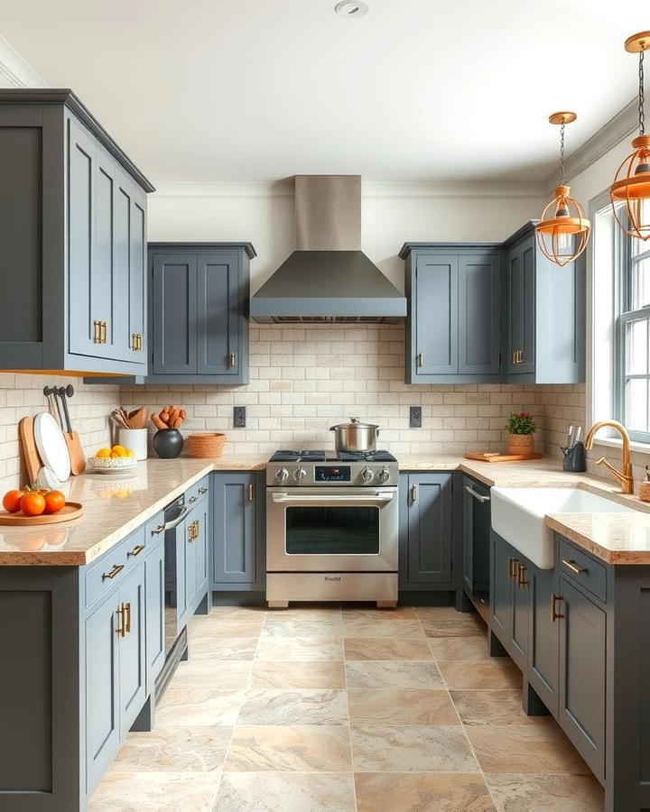 Gray Cabinets with Natural Stone Countertops