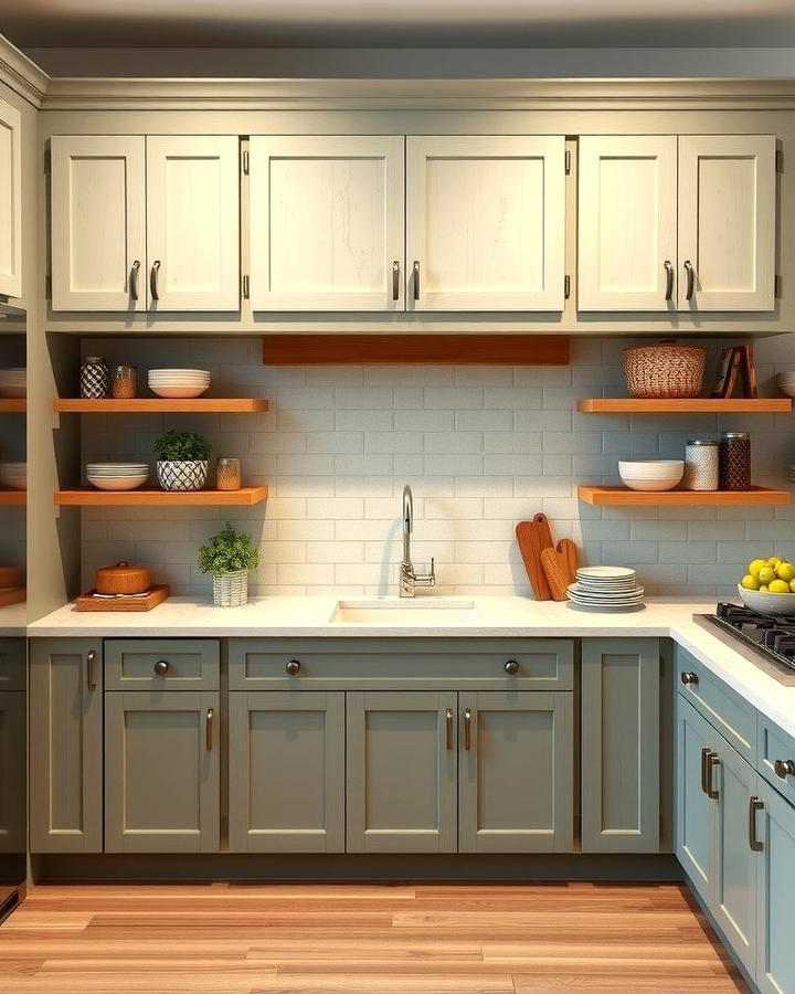 Gray Cabinets with Open Shelving Accents