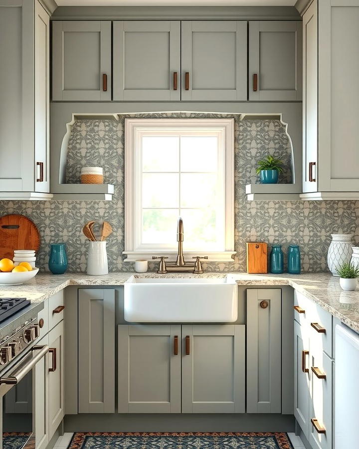 Gray Cabinets with Patterned Tile Backsplash