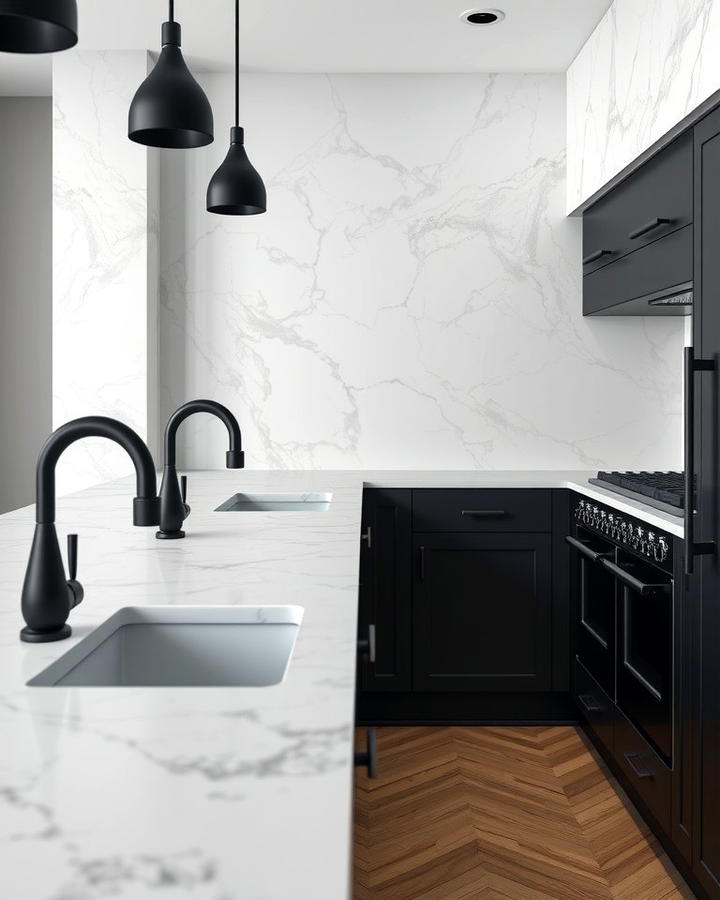 Gray Marble Countertops with Black Fixtures