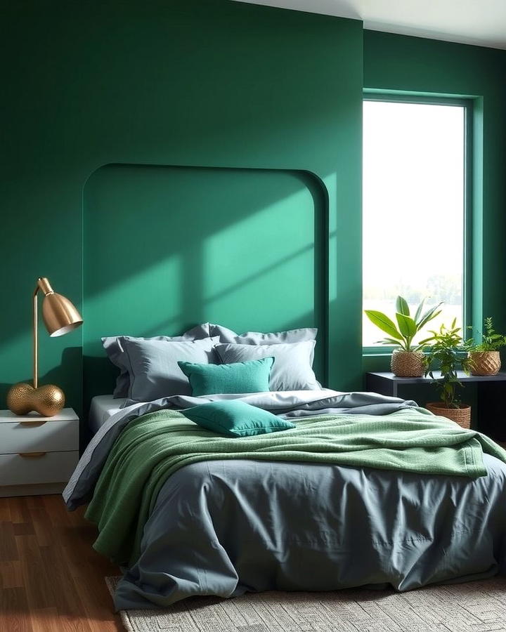 Green Accent Wall with Grey Bedding