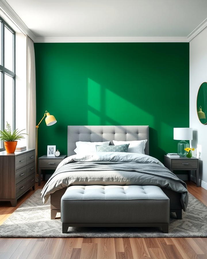 Green Accent Wall with Grey Furniture