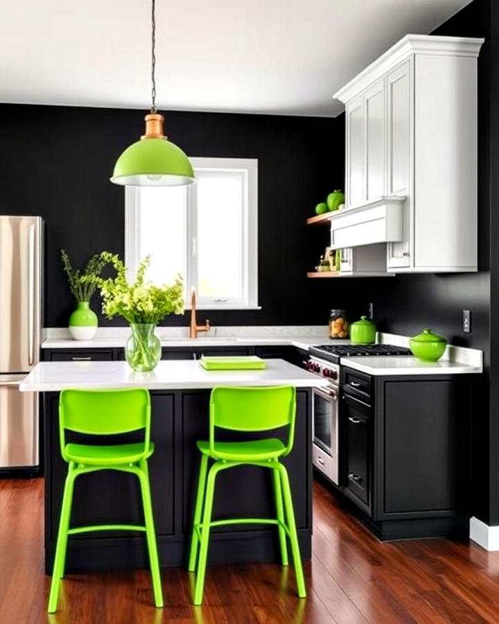 Green Accents Against Black Walls in Kitchen