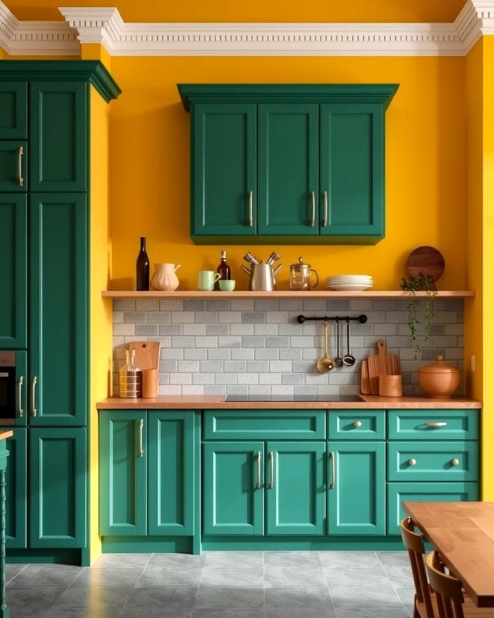 Green Cabinets Paired with Yellow Walls