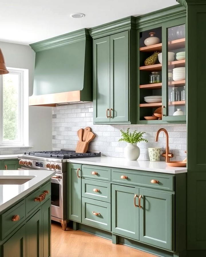 Green Cabinets with Copper Hardware