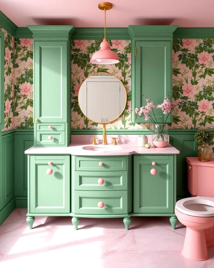 Green Cabinets with Pink Hardware