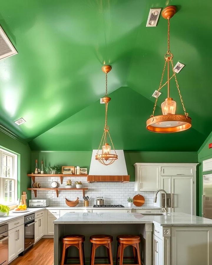 Green Ceiling with Copper Fixtures