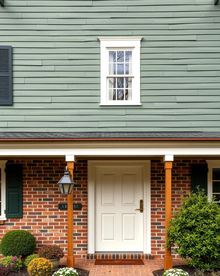 Green Clapboard Siding with Red Brick Base