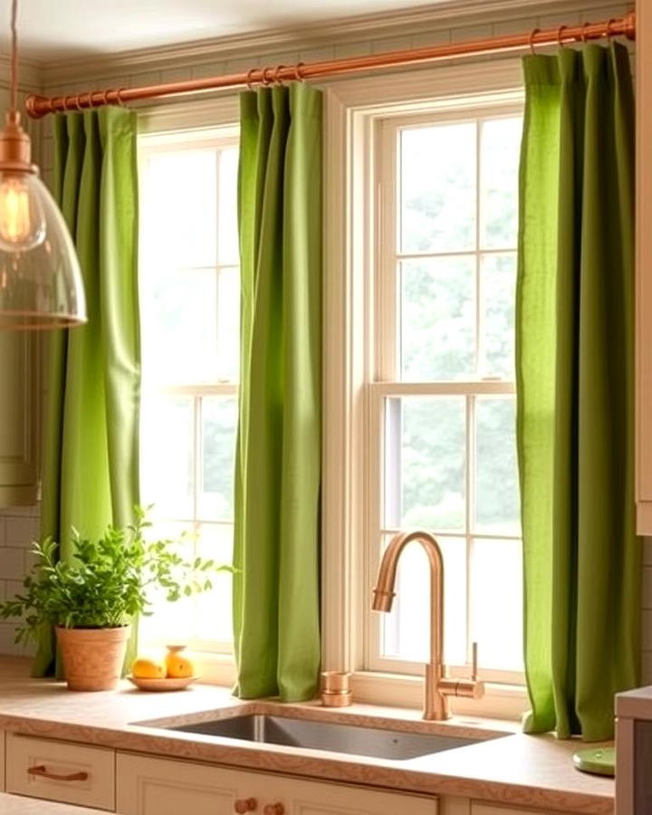 Green Curtains with Copper Curtain Rods