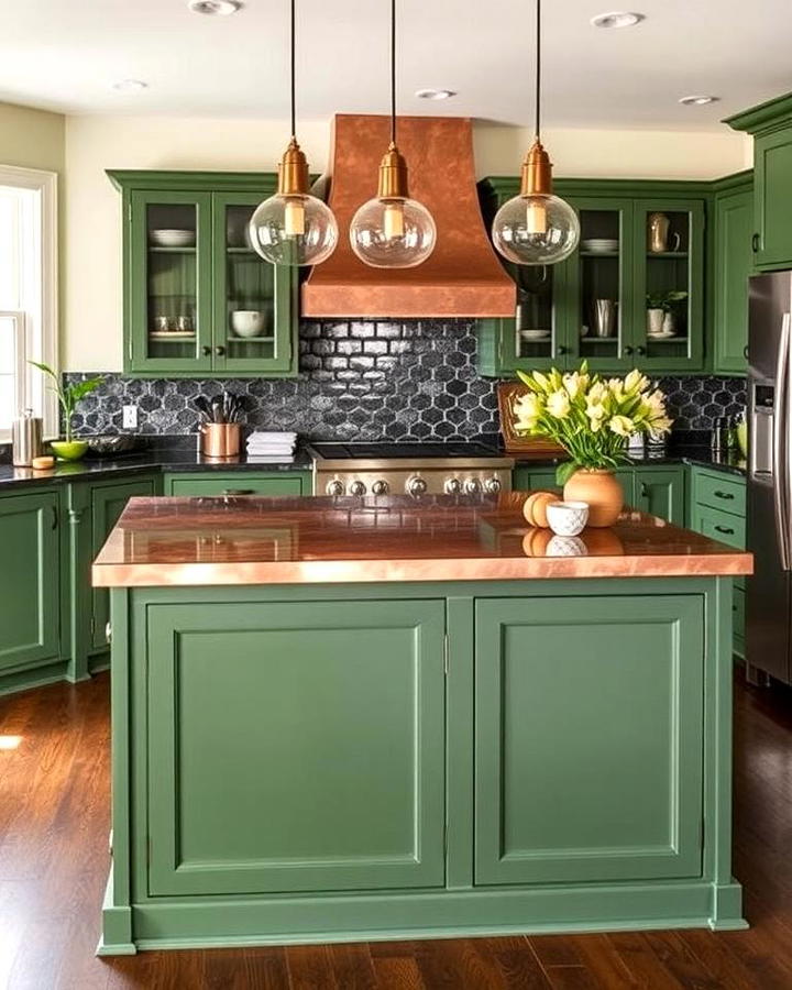 Green Kitchen Island with Copper Countertop