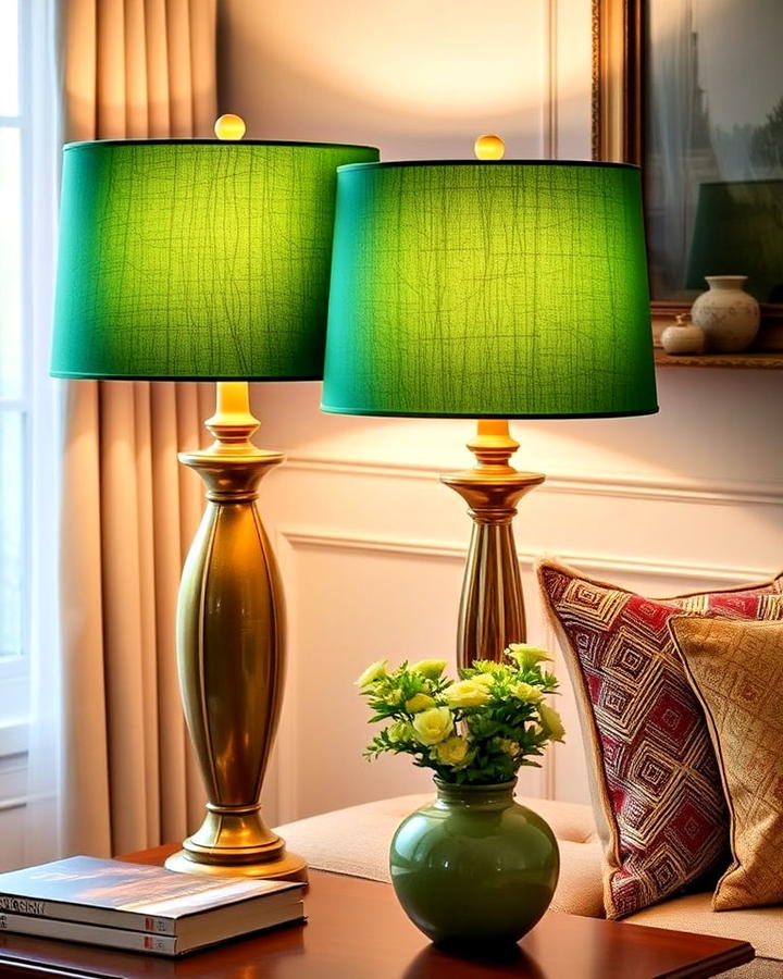 Green Lampshades for Subtle Lighting in Living Room