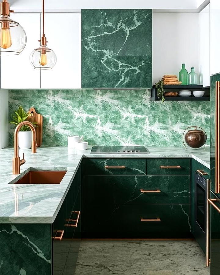 Green Marble Countertops and Copper Accents