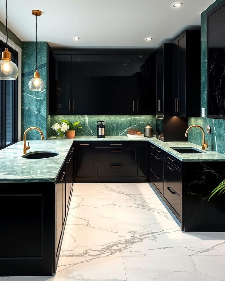 Green Marble Countertops with Black Base Cabinets