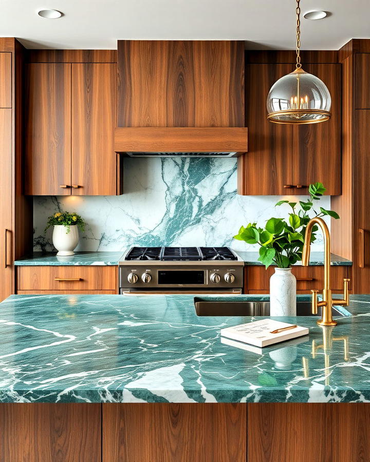 Green Marble Kitchen Countertop With Walnut Cabinets