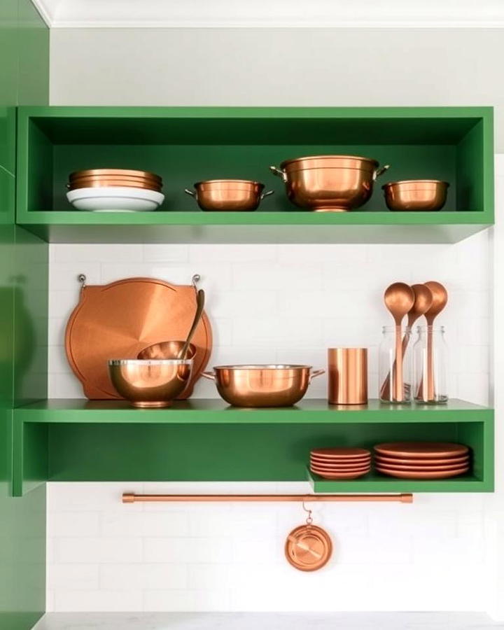 Green Open Shelves with Copper Accessories