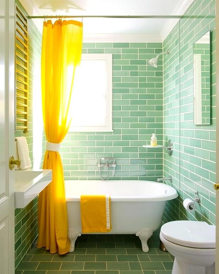 Green Shower Tiles with Yellow Curtains