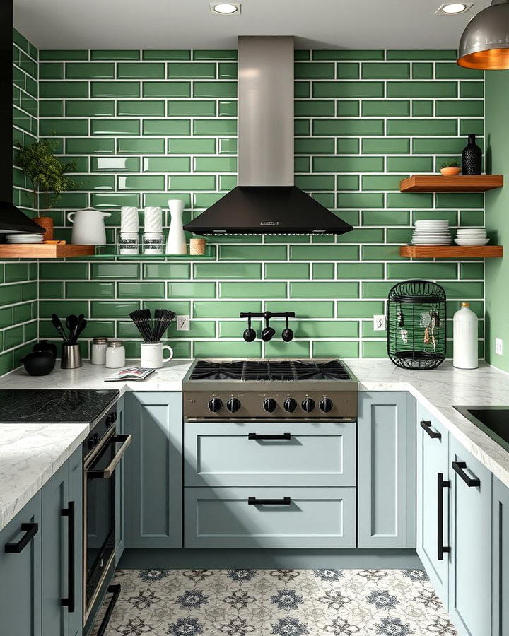 Green Subway Tile Backsplash with Black Grout