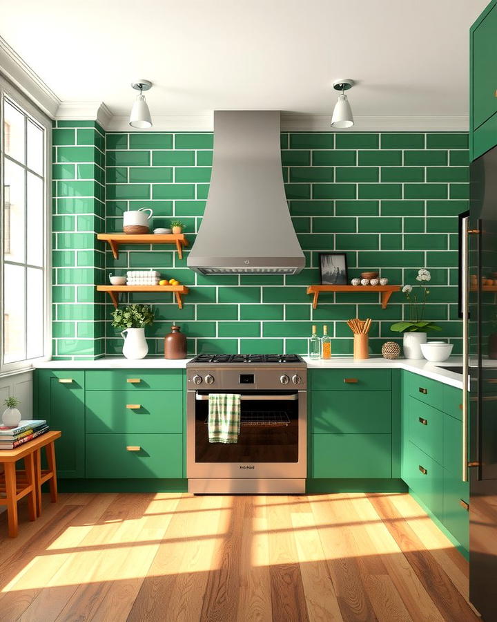 Green Subway Tiles and Wooden Flooring