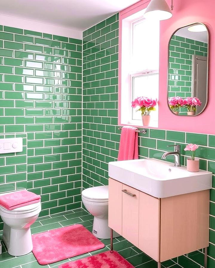 Green Subway Tiles with Pink Accents