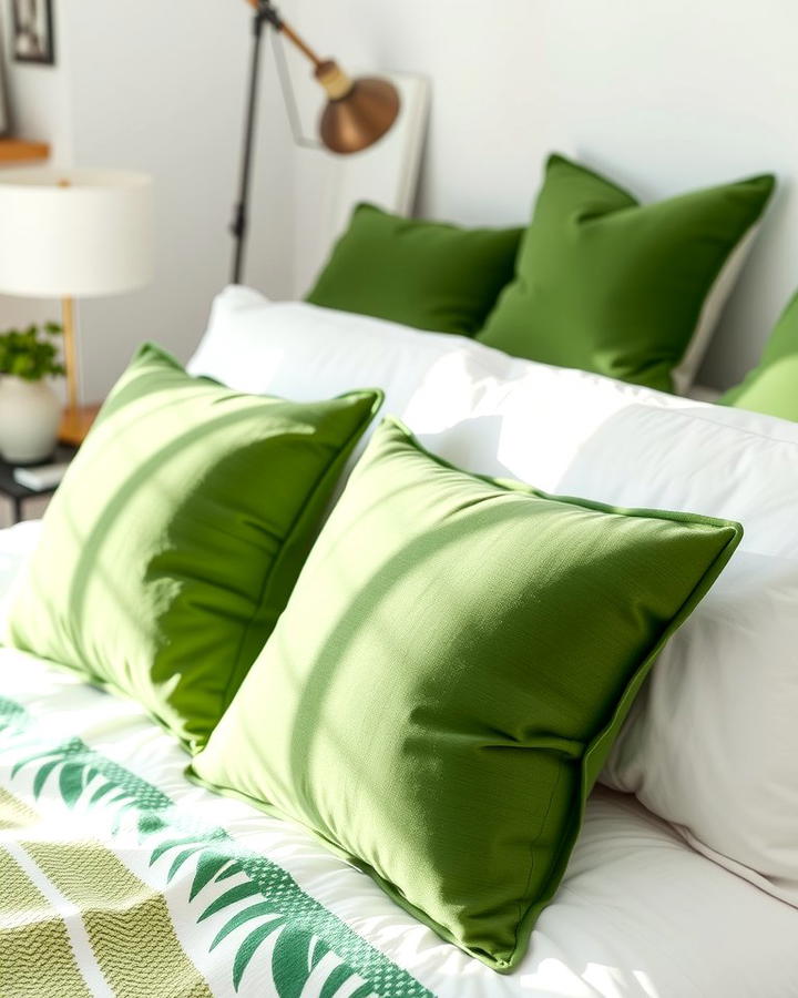 Green Throw Pillows on White Bedding