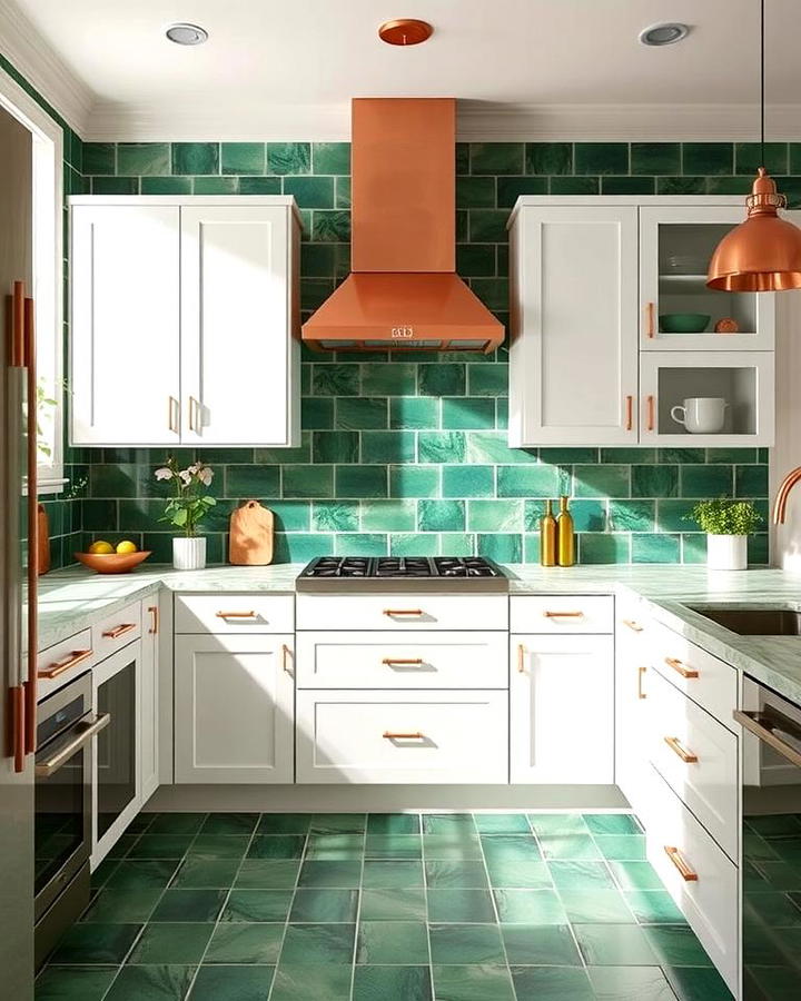 Green Tile Flooring with Copper Fixtures