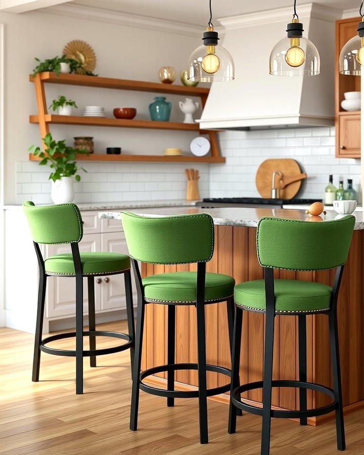 Green Upholstered Bar Stools with Black Frames