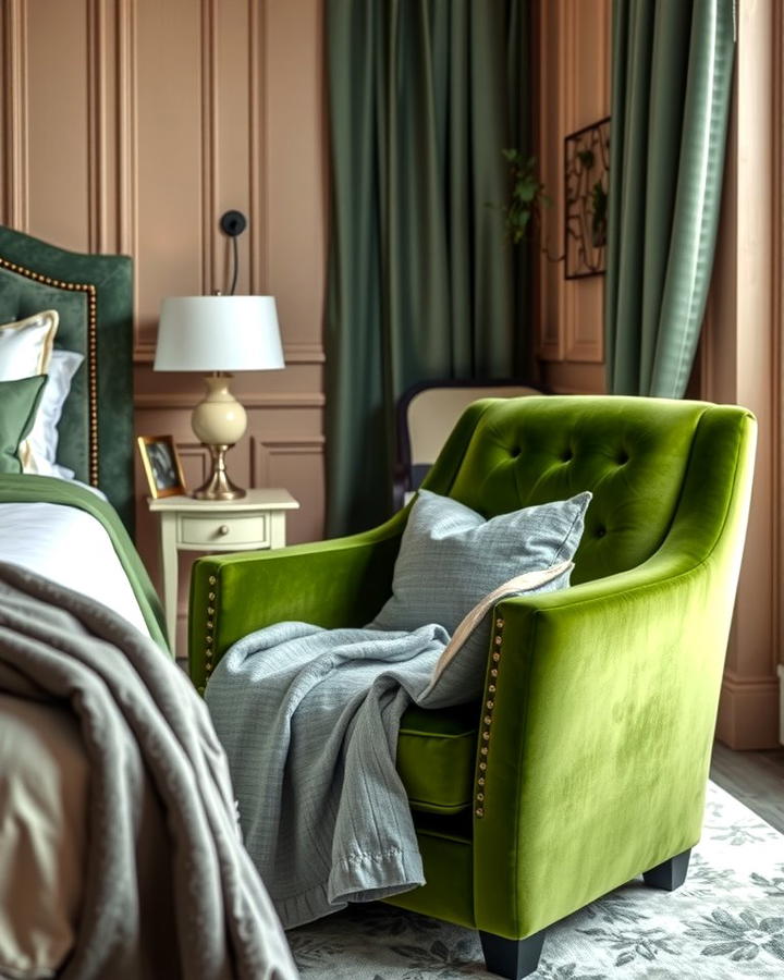 Green Velvet Armchair with Grey Throw