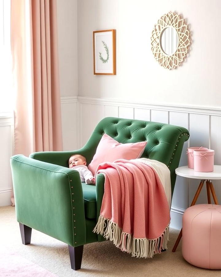 Green Velvet Chair with Pink Accents