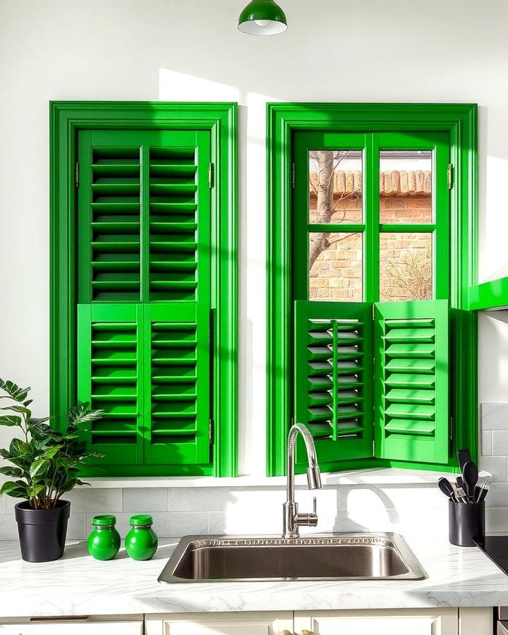 Green Window Frames with Black Shutters