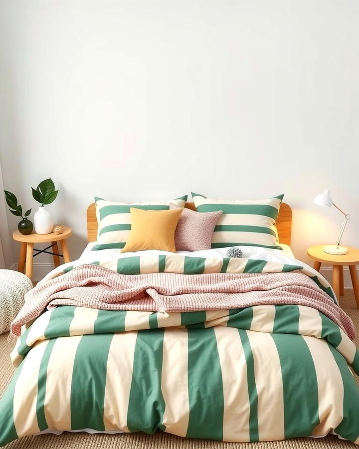 Green and Beige Striped Bedding