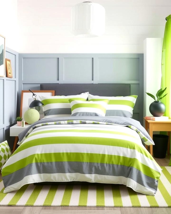 Green and Grey Striped Bedding