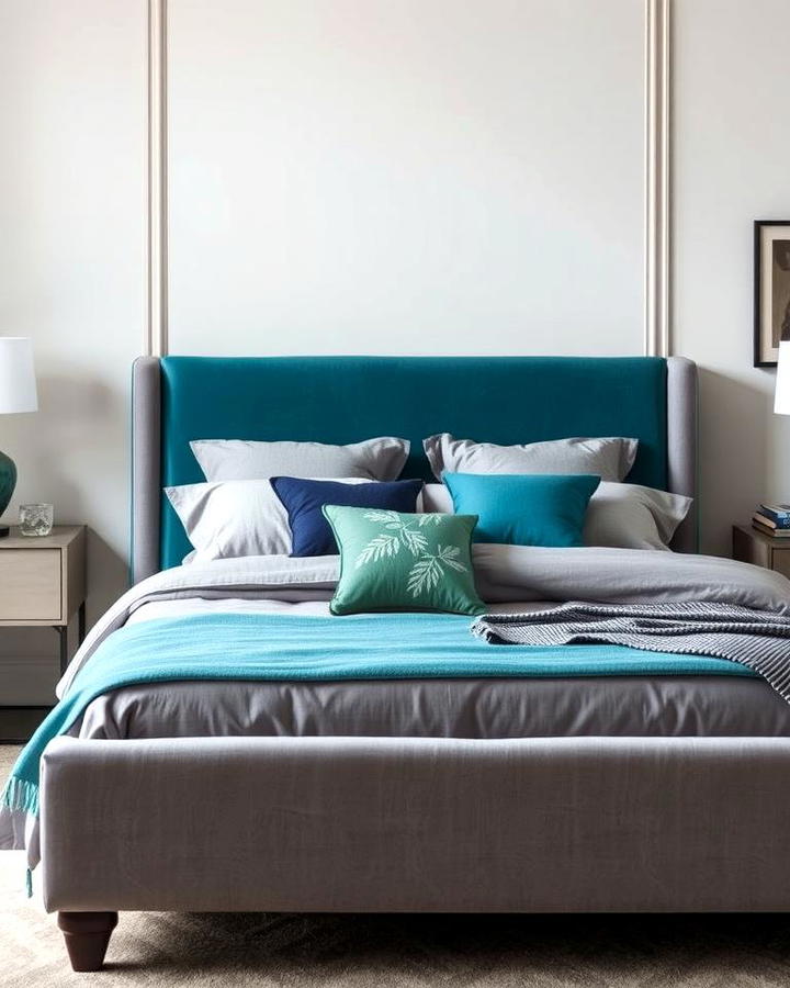 Grey Bed Frame with Teal Upholstery